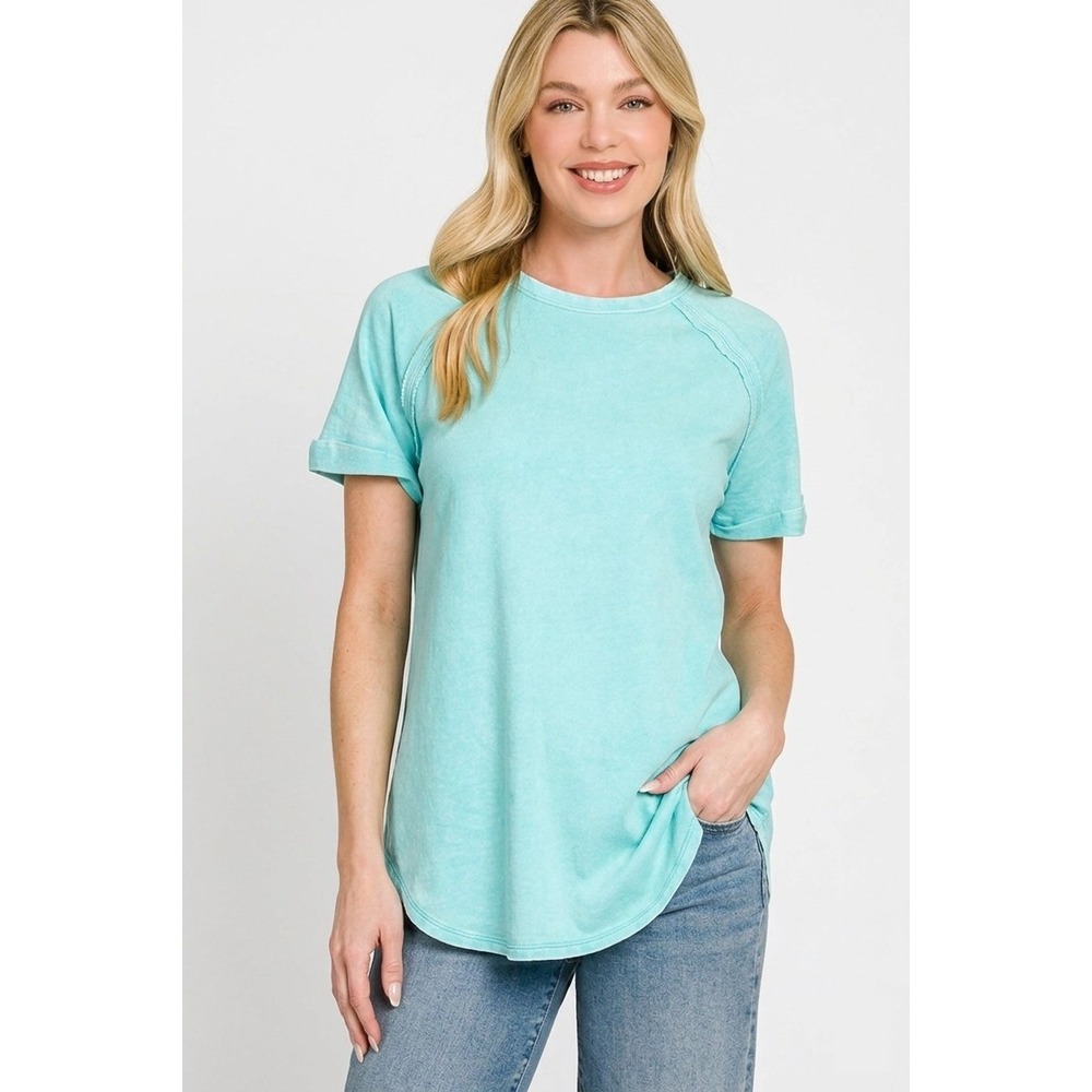 Zenana‎ French Terry Washed Curved Hem Top - Medium